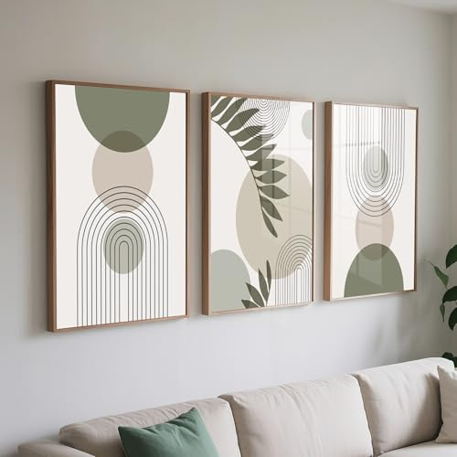 PWAAHDC Moderne Bilder Wohnzimmer Poster Set 40x50 Hochformat - Boho Abstrakte Grüne Pflanzen Leinwand Bilder 3er Set - Wandbilder für Schlafzimmer Ohne Rahmen