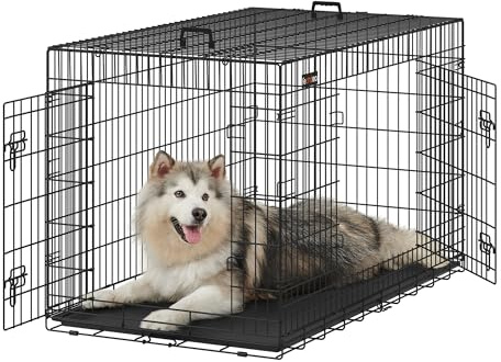 Feandrea Hundekäfig, klappbar, mit 2 Türen, ausziehbare Kunststoffschale, 136 x 79 x 87 cm, XXXL, schwarz PPD054B01