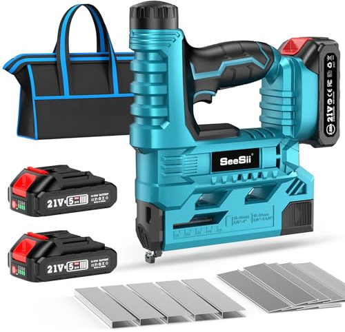 SEESII Akku-Nagler Set, 18GA Elektrische Nagelpistole mit 2 x 2,0Ah Akkus und 1000 Nägeln/Klammern, einstellbare Nageltiefe, 2-in-1 Brad-Nagler/Klammerer für Holzverarbeitung