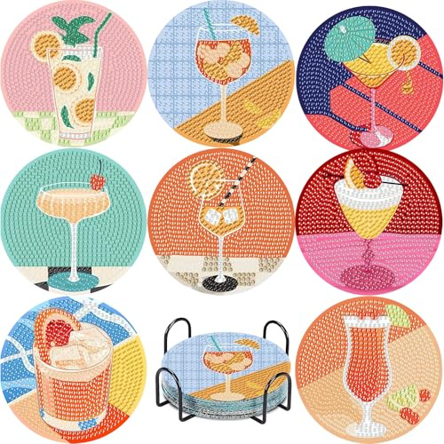 EFNHJF5 8 Stück Diamond painting untersetzer with Holder,Cocktail Diamant Tassenuntersetzer,Diamond Painting zum Basteln,für Anfänger,Erwachsene & Kinder,Geburtstagsgeschenk für Erwachsene&Kinder