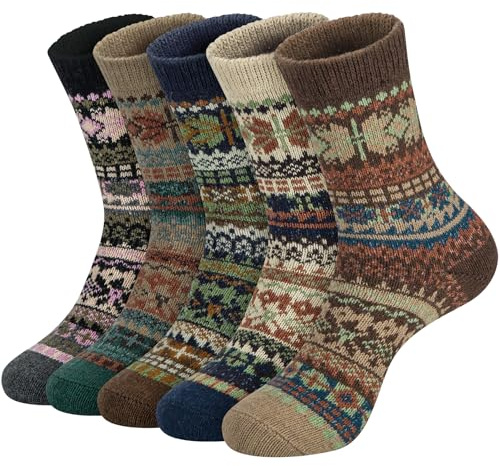Chalier Finery Socken Damen 36-42 Geschenke für Frauen Wollsocken 5 Paar | Kuschelsocken Damen für Winter Gestrickte Damensocken Dicke Bunte Warme Weihnachtssocken Sportsocken Outdoor