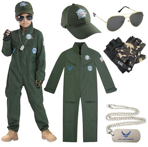 Udekit Piloten kostüm für Kinder, Kampfflugzeug Pilot Cosplay Kostüm mit Mütze, Brille, Handschuhen, Anhänger für Halloween Karnevals Party für Kinder 8 bis 10