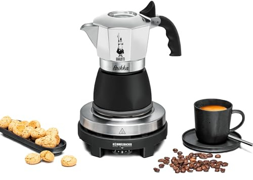 Rommelsbacher Espresso Geschenkset RK 505/K, Mini Kochplatte, 80 mm Ø, stufenlos regelbar, Original Bialetti Moka Kanne, 90 ml, Brühsystem für Crema-Bildung, schwarz/Silber