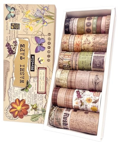 bomichi 32 Rollen Vintage Washi Tape Set - Retro Dekor Klebeband mit Altzeitung, Briefmarken & Blumen Motiven für Scrapbooking, Bullet Journal, Junk Journal DIY, Tagebuch & Geschenk Dekoration
