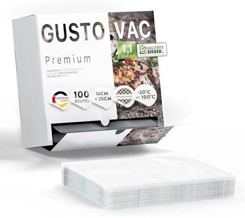 GustoVac Premium Vakuumbeutel, 100 Stk. 16x25cm Profi- Folienbeutel, Vakuumierbeutel für Vakuumierer, Kochfest & Sous Vide Gefrierbeutel, Lebensmittel Vakuumiergerät, Made in Germany, BPA-frei