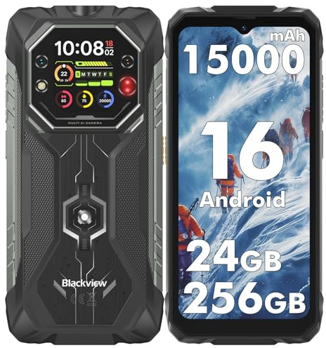 Blackview Rock 1 Outdoor Handy Android 16, 24GB+256GB/2TB Outdoor Smartphone, 15000mAh Business Handy, 20MP Nachtsicht, Gemini AI, 6.56" HD+ IPS 2.01", IP69K Wasserdicht, NFC/GPS/3 Jahre Garantie