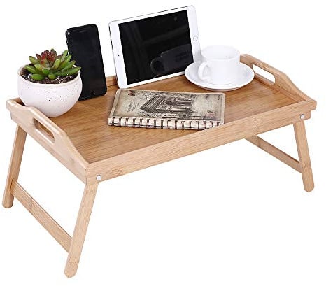 KKTONER Bambus Betttablett Tisch mit klappbaren Beinen Faltbar Servieren Tragbar Laptop Tablett Snack Tablett Frühstückstablett Betttisch Zeichentisch (Bed Tablett 50x30cm)