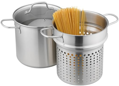 Navaris Nudeltopf 5,7 Liter - Spaghettitopf - Pastatopf - Spargeltopf - Kochtopf mit Glasdeckel - Ideal für Nudeln und Gemüse - Für alle Herdarten geeignet - Edelstahl