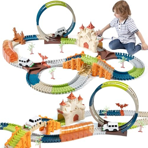 TUMAMA KIDS Kinder Rennstrecke Spielzeug, Geschenk für Kinder 3 4 5 6 7 Jahre alt Rennspielzeug, Rennstrecke Spielzeug Fahrzeuge mit Magic House, Tunnel, 2 leuchtende Elektroautos