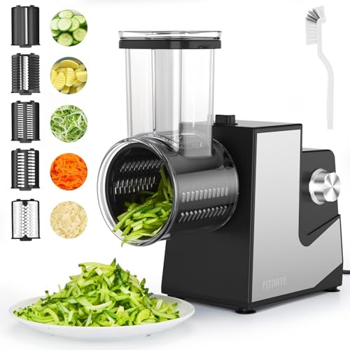 FITNATE Gemüseschneider Elektrisch, Elektrische Käsereibe, Käsereibe, Reibe für Gemüse mit 5 Einsätzen, Küchenmaschine, Silber, Reibe für Obst und Gemüse, Käse, 250 W mit Eu stecker