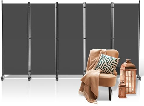 Fiqops Paravent Outdoor,Raumteiler auf Rollen 5-teilig 284x181 cm, Wetterfester Paravent für Outdoor & Büro - Anthrazit