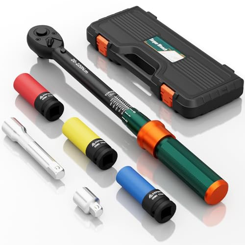 NADOKHI Drehmomentschlüssel 1/2'', 20-220Nm, Auto Drehmomentschlüssel Set 6-tlg. mit Stecknüsse 17mm/19mm/21mm, 125mm Verlängerungsstange, 1/2-3/8 Adapter, für Reifenwechsel Auto und Motorrad