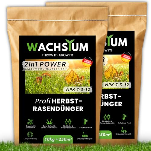 Rasendünger 20kg Herbst, organisch mineralisch, Kalium Dünger für starke Wurzeln macht den Rasen winterfest mit Langzeitwirkung, Profi Nährstoffformel, Herbstrasendünger, 2in1 Power, WACHSTUM, Turbo