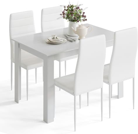 Mondeer Esstisch mit 4 Stühlen Set, Essgruppe mit Hochlehner Kunstleder Stuhl für Küche Esszimmer Wohnzimmer, W120 x D80 x H75 cm, Weiß