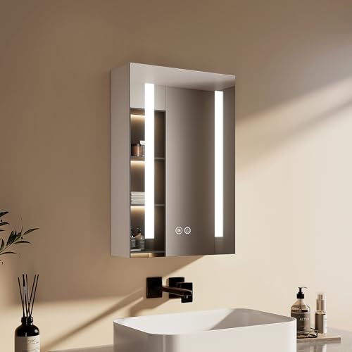 EMKE Spiegelschrank Bad mit Beleuchtung 40x60cm, Dimmbar | Spiegelschränke fürs Bad mit 3 Lichtfarbe, Antibeschlag, Steckdose, Glasablage, Weiß Doppelspiegel, Speicherfunktion