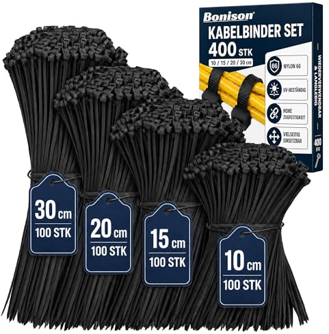 Kabelbinder Schwarz, 400 Stück 100/150/200/300mm, UV Beständig, Wetterfest | Wiederverwendbare, Selbsthemmende Nylon-Kabelbinder für Kabelmanagement, Garten, Haushalt und Werkstatt