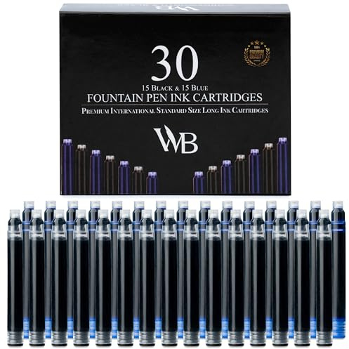 Wordsworth & Black 30er Pack Füllfederhalter-Tintenpatronen – Set mit 15 schwarzen – 15 blauen Tintenpatronen – Internationaler Standard lange Größe – Länge ca. 2,3 – Basisdurchmesser ca. 0,24