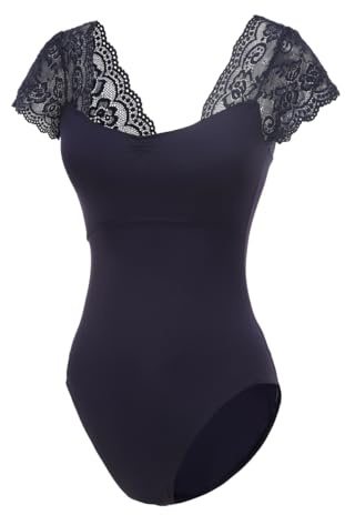 Lanbodance Damen Kurzarm-Leotards für Balletttanz Erwachsene Ballerina-Tanzkostüm, Marineblaue Spitze, S