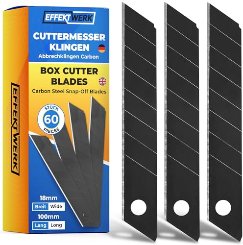 EffektWerk - Kartonmesser Klingen Set - Schwarz, 60 Stück - 18mm Universalmesser Ersatzklingen - Robuste Kohlenstoffstahl Abbrechklingen