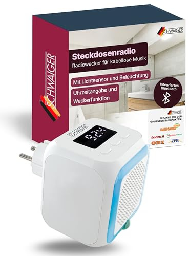 SCHWAIGER Steckdosenradio I Radiowecker für kabellose Musik I mit Lichtsensor & Beleuchtung I UKW-Radio mit Bluetooth 5.2 I Uhrzeitangabe & Weckerfunktion I für Badezimmer, Küche & Schlafzimmer