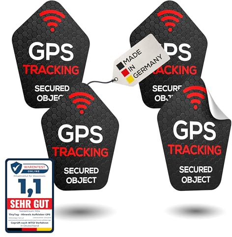 TinyTag® 4X Hinweis-Aufkleber für GPS Tracker - Wetterfester Warn-Sticker als Diebstahlschutz für Dein Fahrrad, eBike, Auto, Motorrad & Koffer - Bombenfest & langlebig | Fahrrad Aufkleber (4er Pack)