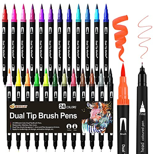 wonsar Filzstifte 24 Farben Dicke und Dünne, Dual Brush Pen Fineliner Set | Pinselstifte Marker Bullet Journal Stifte Für Kinder Erwachsene, Fasermaler und Fineliner, Handlettering, Zeichnen, Malbücher