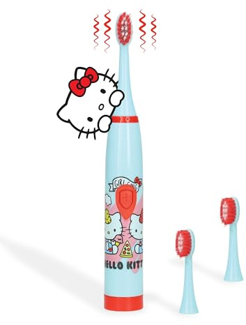 Hello Kitty Elektrische Kinderzahnbürste | Weiche Borsten | 3 Aufsteckbürsten | Wasserfest IPX5 | Batteriebetrieben AA | Leichtes Design für Kinder