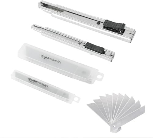 Amazon Basics Universalmesser mit automatischer Verriegelung, Zink-Legierung, 2er-Pack mit 20-teiligen zusätzlichen SK5-Klingen für präzises Schneiden, Silber