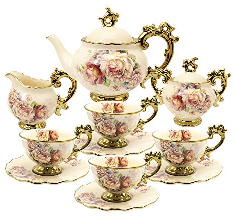 fanquare 15 Stück Rose Blumen Englische Keramik Tee Sets, Vintage China Kaffee Set, Tee Service für Erwachsene