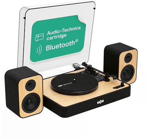 House of Marley Revolution Plattenspieler Bluetooth mit Lautsprechern | Nachhaltig gefertigter Schallplattenspieler mit kabelgebundenen Boxen, Vinyl Player mit Regallautsprechern