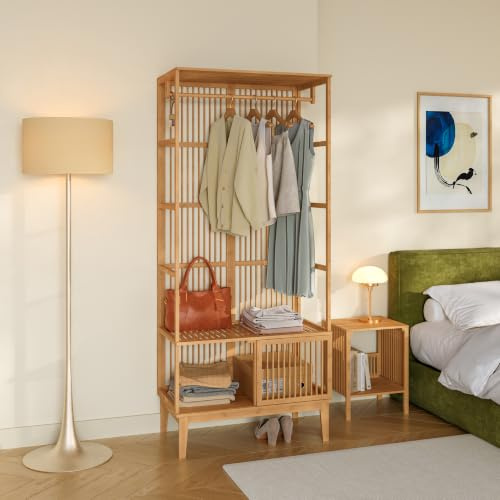 [en.casa] Garderobenständer Vemb 185x80x45cm aus Bambus | Kleiderständer Standgarderobe mit Kleiderstange und Ablagefach