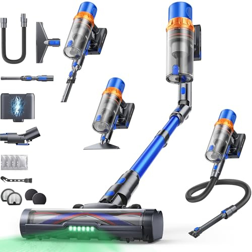 SunSare Akku Staubsauger Kabellos 600W/50000Pa/65Min, Akkustaubsauger mit 1M Schlauch, Aromafunktion, Flexibles Biegegelenk, Wandladehalterung, Automatikmodus für Hartböden Teppiche Tierhaare