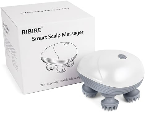 BIBIRE Elektrisches Kopfmassagegerät, Kabelloses Handmassagegerät, Kopfhaut-Massagegerät IPX7 wasserdicht mit 4 Massageköpfen und 3 Massagemodi, für Ganzkörpermassage,HundeköRper,Haarwachstum
