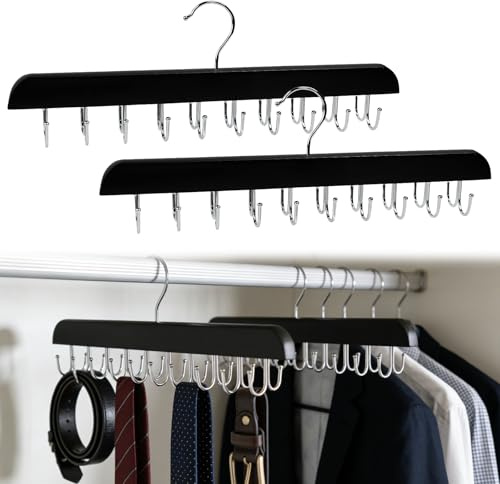 JNEYVIC 2 Stück Gürtelhalter Kleiderschrank mit 20 Haken Krawattenhalter 360°Drehbar Krawattenbügel Holz Gürtel Aufbewahrung Schrank Kleiderbügel Halterung Platzsparende Gürtelbügel für Schals