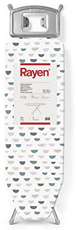 Rayen | Bügelbrett - Basic Serie | Höhenverstellbar | Metallgitter | Bügeleisenablage | Graues Gestell und Bezug mit weißem Muster | Maße: 120 x 38 cm