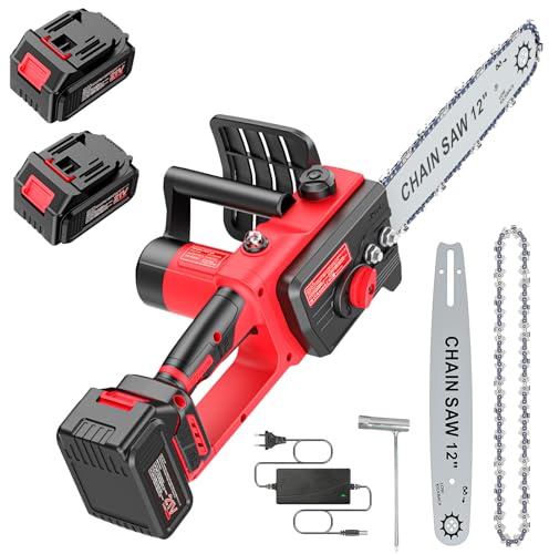 Brushless Kettensäge mit Akku 3000mAh * 2, 12 Zoll Akku Kettensäge Elektro, Einhand Mini Kettensäges Elektrische mit Automatischer Öler, für Gartenscheren Astschere Holzschneidenz (S)