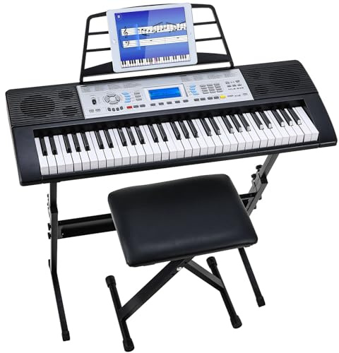 MAMIZO 61 Tasten Keyboard Piano Kit mit Ständer & Hocker,Digital Keyboard für Anfänger, Keyboard Kinder, E Piano mit 300 Klänge, 3-Stufen-Lehrmodus, LCD-Display, Notenständer