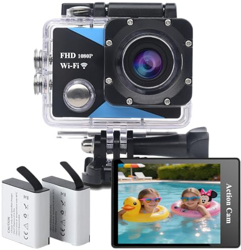 Nvgfelis WiFi Action Cam FHD, Unterwasserkamera wasserdicht bis 30M, Actionkamera mit 2×1050 mAh wiederaufladbare Akkus und Zubehör-Set
