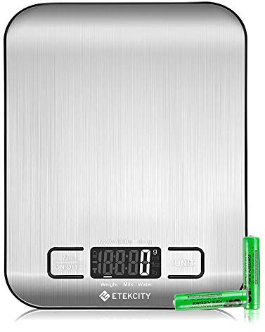 ETEKCITY Küchenwaage Digital - Edelstahl 304 - Lebensmittelgeeignete Waage Küche - Leicht zu Reinigen - Feinwaage mit Beleuchtetem LCD-Klare und gut Lesbare Kithchen Scale - 5 KG-1g - Edelstahl-Silber