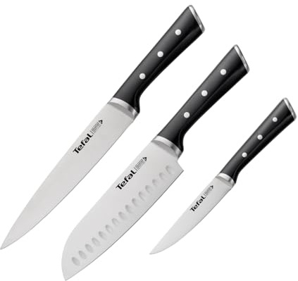 Tefal Ice Force 3-teiliges Messerset, Fleischmesser 20 cm, Santokumesser 18 cm, Universalmesser 11 cm, deutscher Edelstahl, lang anhaltende Schneidleistung und Schärfe, Edelstahl/Schwarz, K232S374