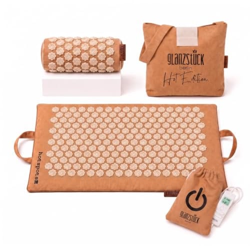 Glanzstück Berlin® Akupressurmatte beheizbar – Hot Edition mit Wärmefunktion & 4 Wärmestufen, Set mit Nackenrolle, 6.850 Blütenspitzen für Rücken & Nacken | 72 × 42 cm