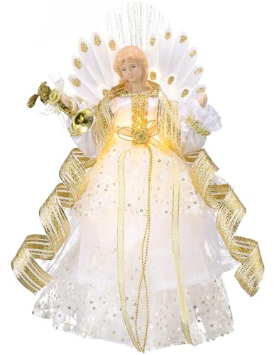 Valery Madelyn 26cm Weihnachtsengel Weihnachtsbaumspitze Weihnahctdekorationen Engel Christbaumspitze mit 10 batteriebetrieben warmen LED-Lichtern Weiß Golde（M）