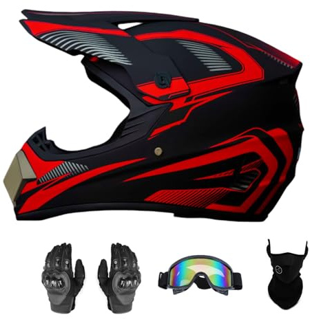 Senhill Motocross Helm Motorrad Helm DOT Downhill Fullface Helm Unisex Jugend Renn Motocross Fahrradhelm Off Road Dirt Bike Helm mit Handschuhen Brille Maske (Rot, L)