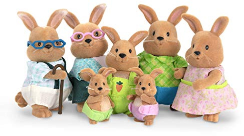 Li’l Woodzeez Wattebauschkaninchen-Familie, bewegliche Kaninchenfiguren | 7-teiliges Set mit 2 Großeltern, 2 Eltern und 3 Kindern in bunter Kleidung – für Rollenspiel und Geschichten, 3+ Jahre