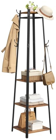 VASAGLE Garderobenständer, Kleiderständer, Garderobe mit 8 Doppelhaken, 4 Ablagen, Kleiderstange, mit Metallrahmen, für Jacken, Taschen, für Flur, Schlafzimmer, vintagebraun-schwarz LCR80X