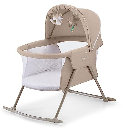 kk Kinderkraft Kinderkraft Kinderbett 3 in 1 lOVI, Kinderreisebett, Stubenwagen, Babywiege, Baby Wippe, Zusammenklappbar, Einfach Transport, mit Zubehör, Tasche, Moskitonetz,von Geburt bis 9 kg, Beige