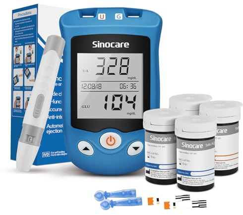 Sinocare Safe AQ UG Dual Blutzucker-Harnsäure Set, Teststreifen 50+50 | 50 Blutzuckerteststreifen und 50 Harnsäureteststreifen, 100 Lanzetten, Stechhilfe, 5s/25s Ergebnis, mg/dL, komplettes Set