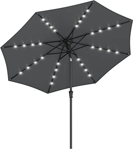 SONGMICS Sonnenschirm 300 cm mit LED-Solar-Beleuchtung, 32 LED-Lämpchen, UV-Schutz UPF 50+, beidseitig um 30° knickbar, für Garten, Terrasse, Pool, Balkon, ohne Ständer, grau GPU33GY