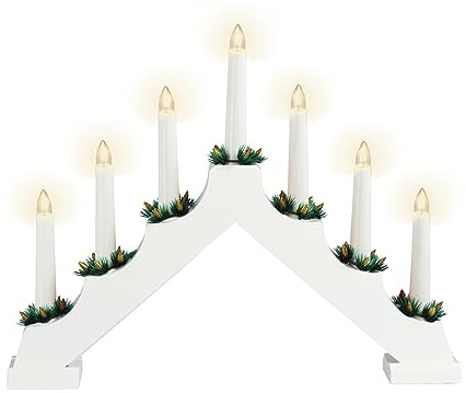 Holz Schwibbogen 39 cm mit 7 LED Kerzen und Timer - weiß - Weihnachtsdeko mit Beleuchtung - Adventsleuchter Lichterbogen Kerzenbrücke Fenster Deko Batterie betrieben