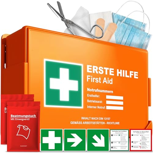 Erste Hilfe Kasten Version 2026 nach DIN 13157:2021 inkl. Wandhalterung & Aufklebern|Universal Erste Hilfe Koffer für Betrieb, Haushalt oder Gastronomie - Büro Verbandskasten gefüllt, Sanikasten